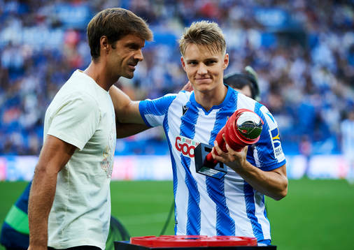 Xavi Prieto gives Martin Odegaard of Real Sociedad the