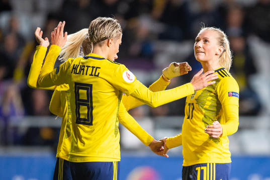 Lina Hurtig and Stina Blackstenius celebrate