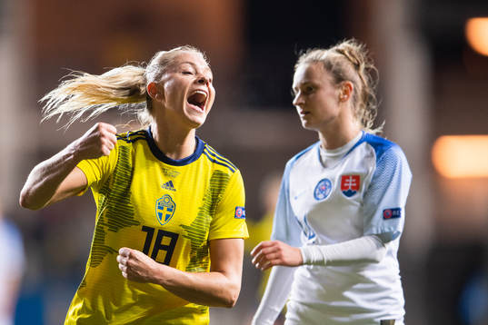 Fridolina Rolfö of Sweden celebrates scoring 7-0 while
