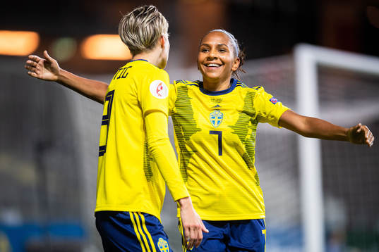 Lina Hurtig scored 2-0 and celebrate with Madelen Janogy of