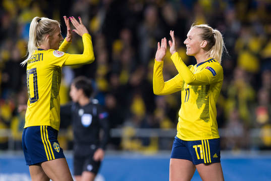 Sofia Jakobsson celebrates with Stina Blackstenius of Sweden