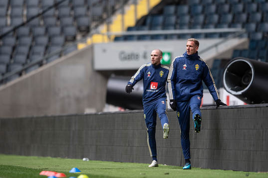 Marcus Danielson and goalkeeper Robin Olsen of the Swedish