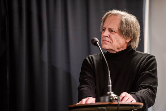 Peter Linde, artist, at a press conference at the revealing