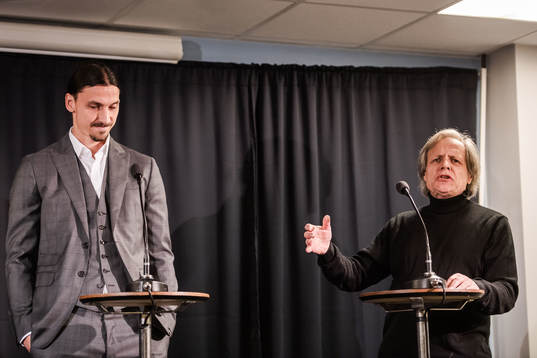 Peter Linde, artist, and Zlatan Ibrahimovic at a press