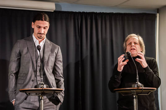 Zlatan Ibrahimovic and Peter Linde, artist, at a press