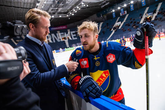 Linus Hultström of Djurgården ahead the CHL ice hockey