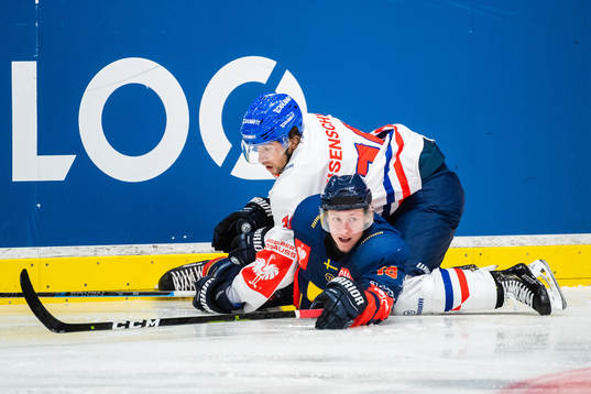 Markus Eisenschmid  of Adler Mannheim and Simon Johansson