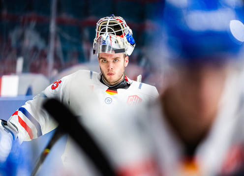 Goalkeeper Johan Gustafsson of Adler Mannheim