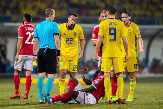Robin Quaison of Sweden reacts