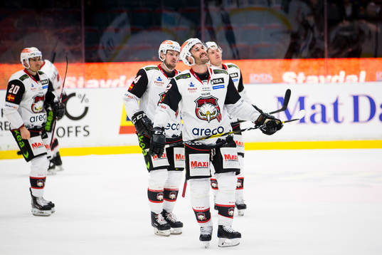 Malmö Redhawks Niklas Arell med lagkamrater deppar