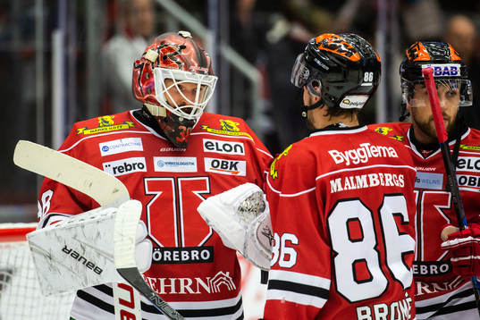 Örebros målvakt Dominik Furch och Mathias Bromé jublar