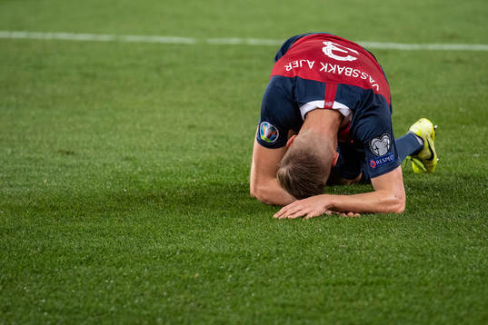 Kristoffer Ajer of Norway looks dejected