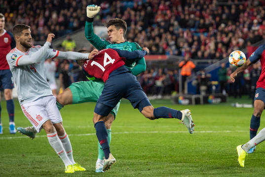 Omar Elabdellaoui of Norway collides with goalkeeper Kepa