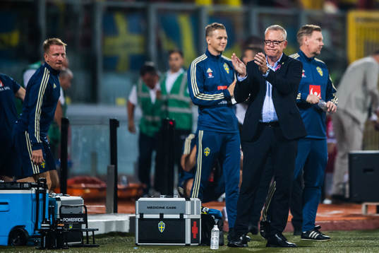 Janne Andersson, head coach of Sweden celebrates