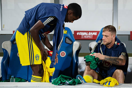 Alexander Isak and John Guidetti of Sweden at the bench