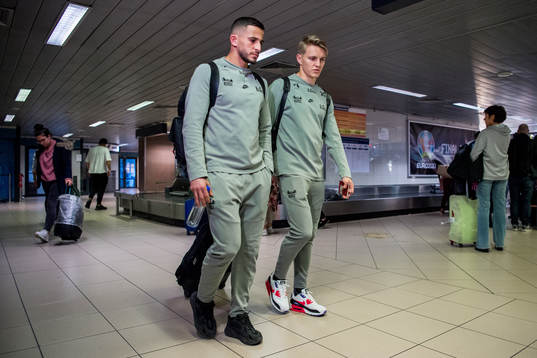 Omar Elabdellaoui and Martin Ødegaard of Norway arrive at