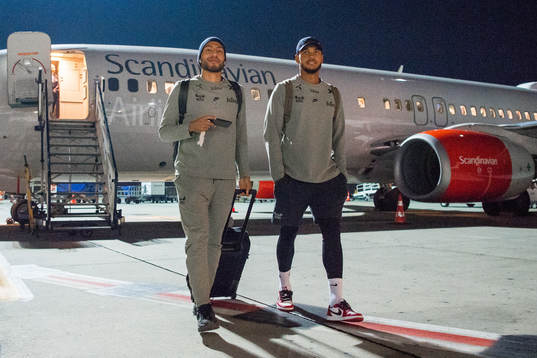 Haitam Aleesami and Joshua King of Norway arrive at Henri