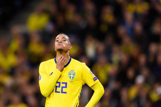 Robin Quaison of Sweden looks dejected