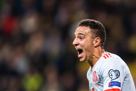 Rodrigo of Spain celebrates scoring 1-1