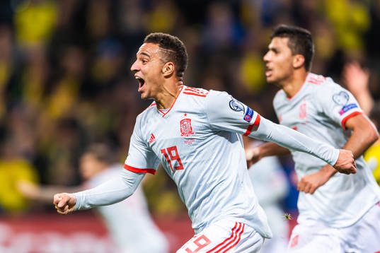 Rodrigo of Spain celebrates scoring 1-1