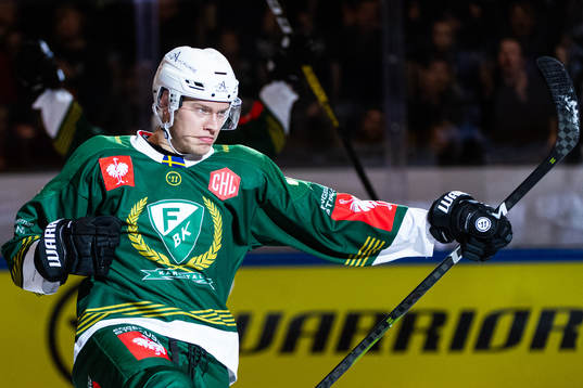Victor Ejdsell of Färjestad celebrates scoring 1-1