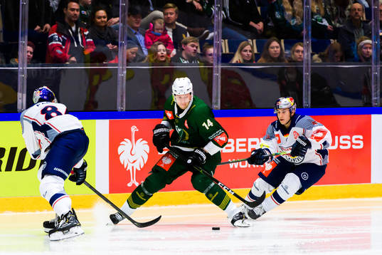 Victor Ejdsell of Färjestad and Luca Zitterbart of Red