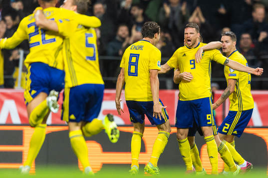 Marcus Berg of Sweden celebrates scoring 1-0