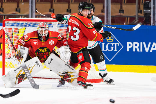 Goalkeeper David Rautio and Jesper Sellgren of Luleå