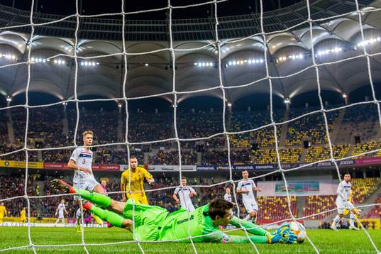 Goalkeeper Rune Almenning Jarstein of Norway with a save