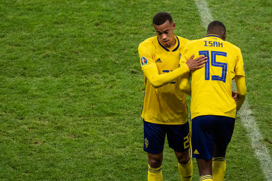 Robin Quaison and Alexander Isak of Sweden