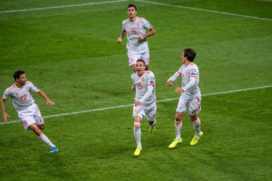 Jesus Navas, Rodrigo, Rodri and Mikel Oyarzabal celebrates