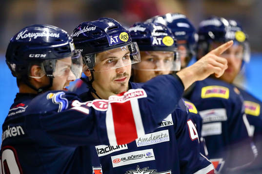Linköpings Adam Lelewka pratar med Andrew Gordon
