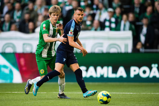 Hammarbys Aron Johannsson och Malmö FFs Eric Larsson