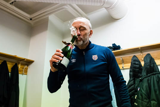 Lars Bohinen, head coach of Aalesund, celebrates promotion