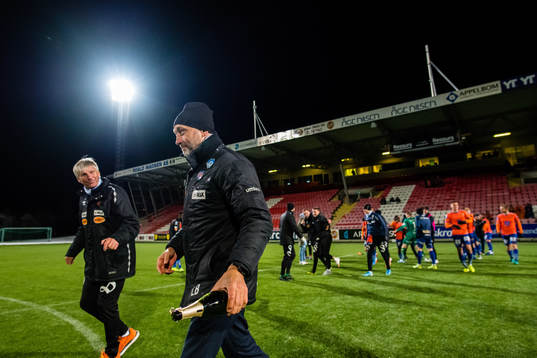 Lars Bohinen, head coach of Aalesund, celebrates promotion