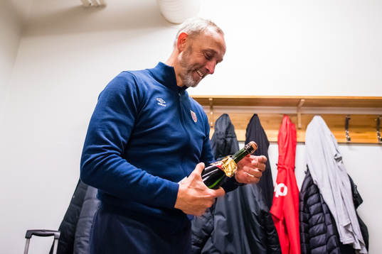 Lars Bohinen, head coach of Aalesund,celebrates promotion