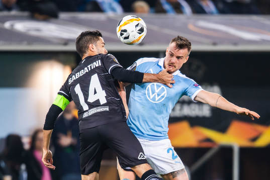 Jonathan Sabbatini of Lugano and Eric Larsson of Malmö FF