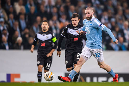 Olivier Custodio of Lugano and Jo Inge Berget of Malmö FF