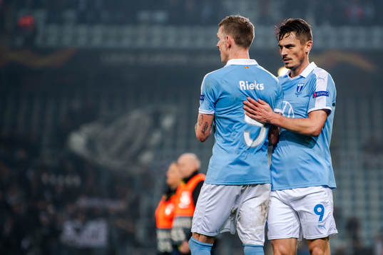 Markus Rosenberg and Sören Rieks of Malmö FF celebrate