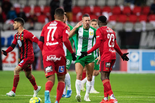 Hammarbys Nikola Djurdjic reagerar mot Östersunds Sam
