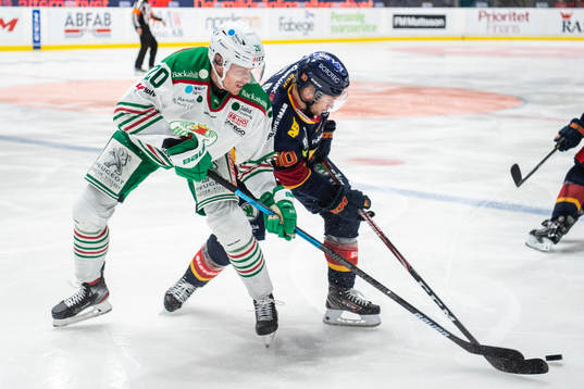 Rögles Hampus Gustafsson och Djurgårdens Niclas Bergfors
