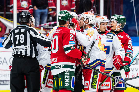 Frölundas Joel Lundqvist och Malmö Redhawks Jesper Jensen