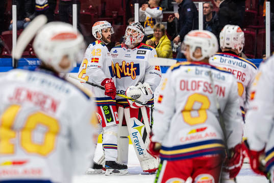 Malmö Redhawks Niklas Arell och målvakt Lars Volden jublar