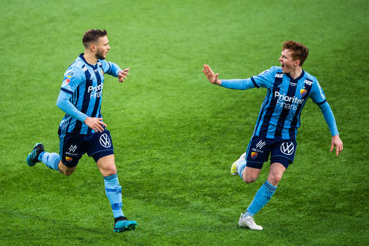 Djurgårdens Jesper Karlström och Aslak Witry jublar