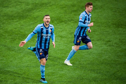 Djurgårdens Jesper Karlström och Aslak Witry jublar
