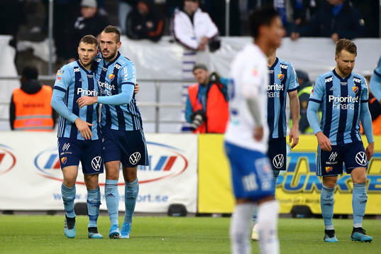 Djurgårdens Jesper Karlström och Emir Kujovic jublar