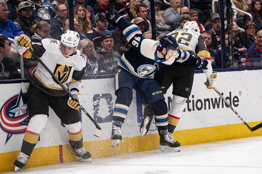 Vegas Cody Eakin and Tomas Nosek in action against Columbus
