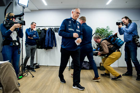 Lars Lagerbäck, head coach of Norway, presents the team