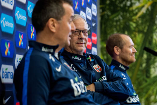 Lars Lagerbäck, head coach of Norway, presents the team