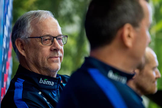 Lars Lagerbäck, head coach of Norway, presents the team